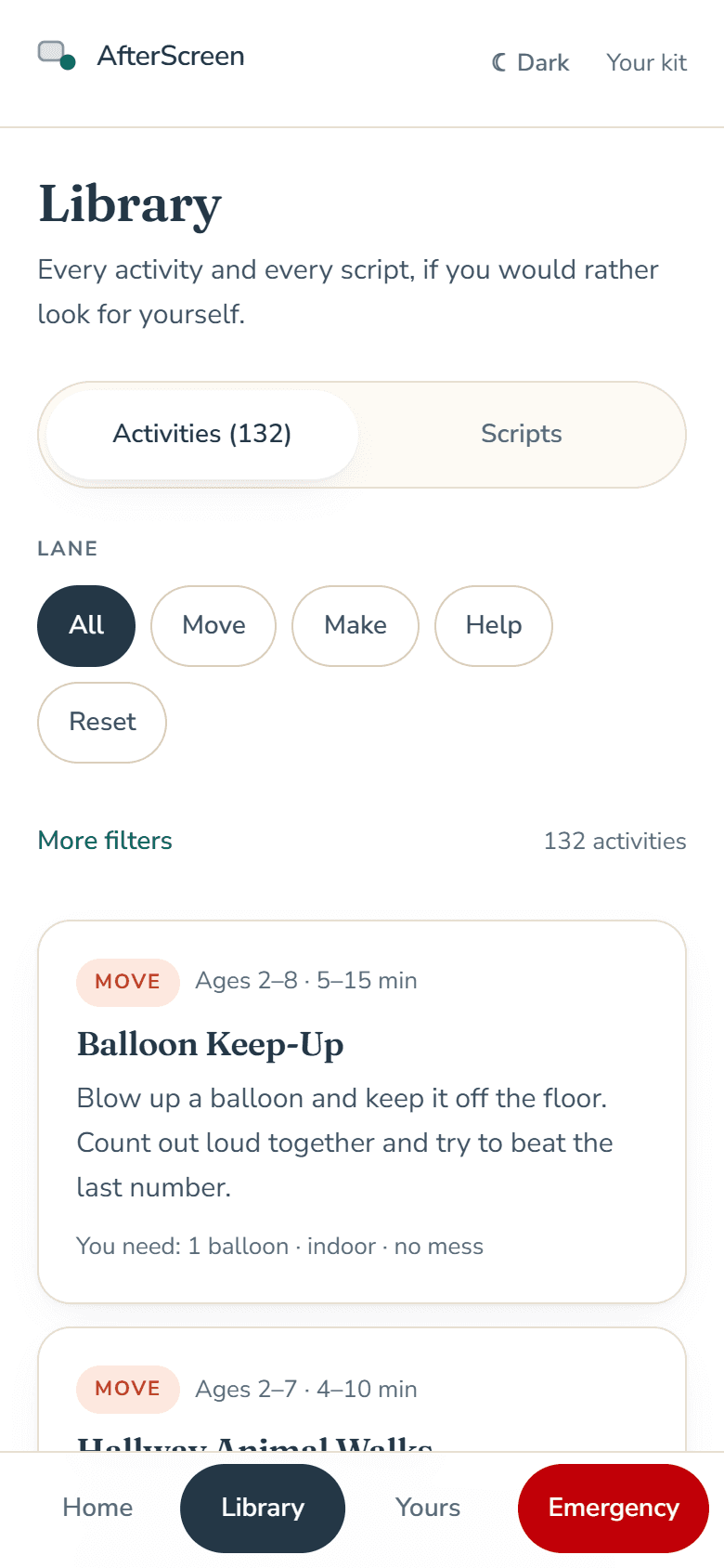 The activity library with lane, time and involvement filters.