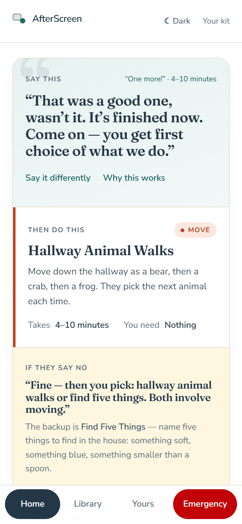 The plan screen: the exact line to say, one activity with the time and what you need, and what to say if they refuse.