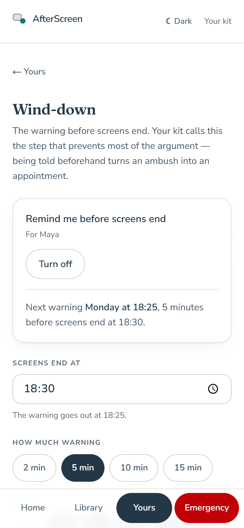 The wind-down: screens end at 18:30, warning at 18:25, with the line to say.